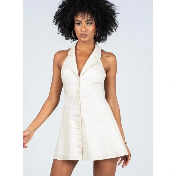 open lace back dress Beloved Puff Sleeve Linen Blend Mini Dress White main image 0